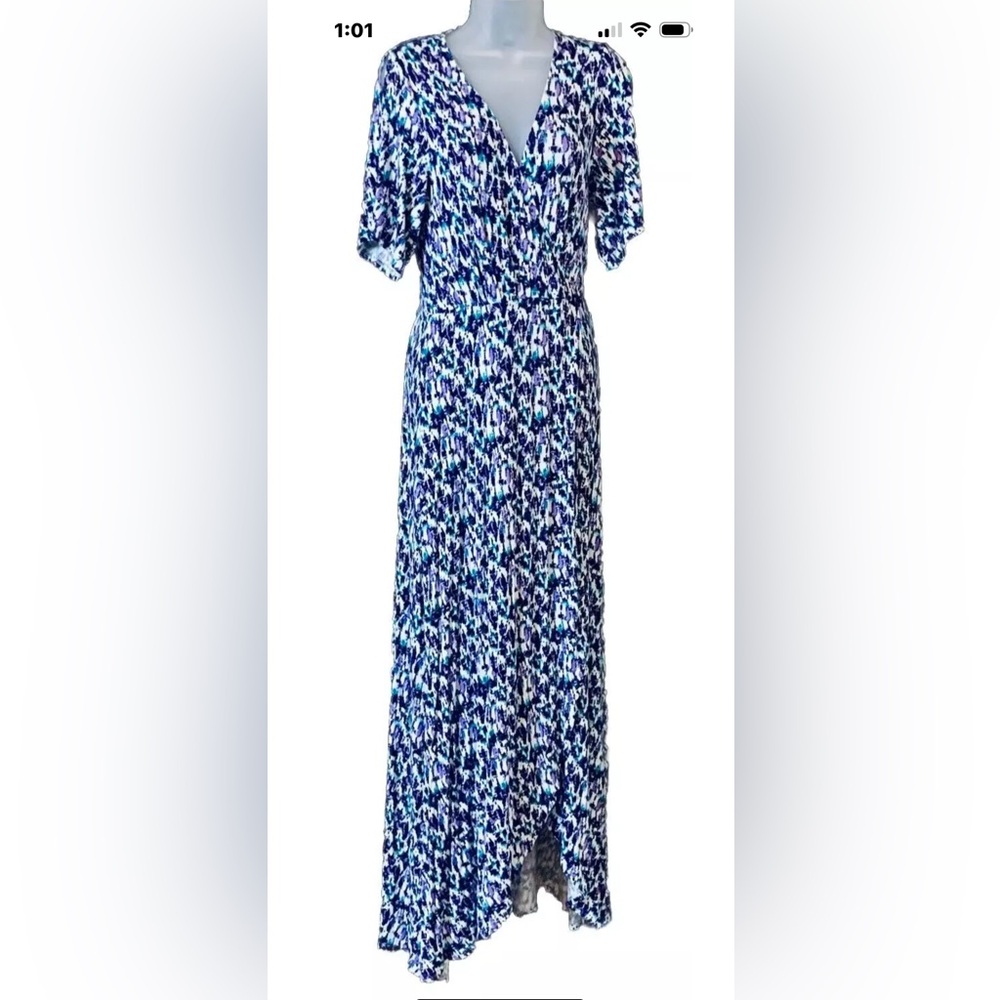 Lemon Tart Women's Abstract Print Maxi Dress Size M V-neck Split Sleeve